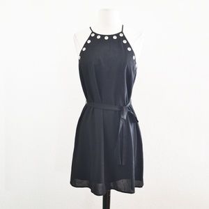 Black Halter Metal Rivet Collar Detail Dress